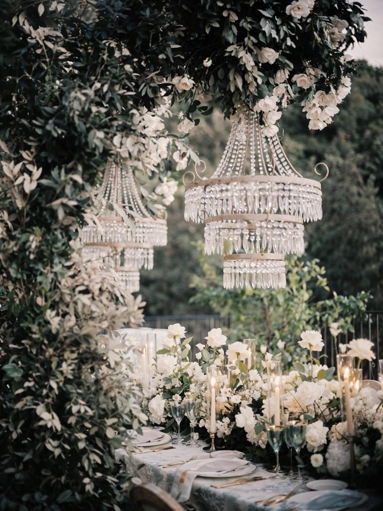 Luxury wedding oudoor event design with floral scenography and chandeliers