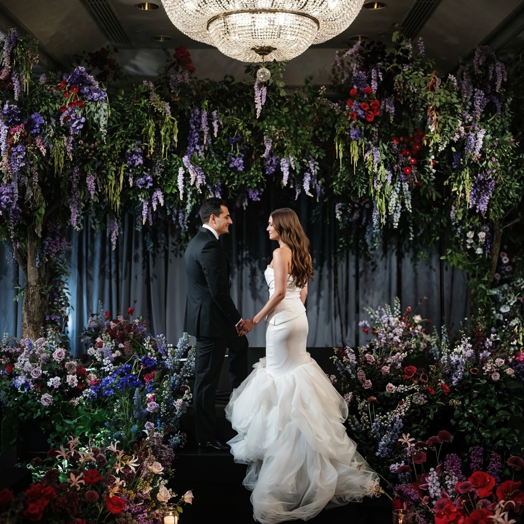 Luxury wedding event scenography with floral installation and elegant ceremony design